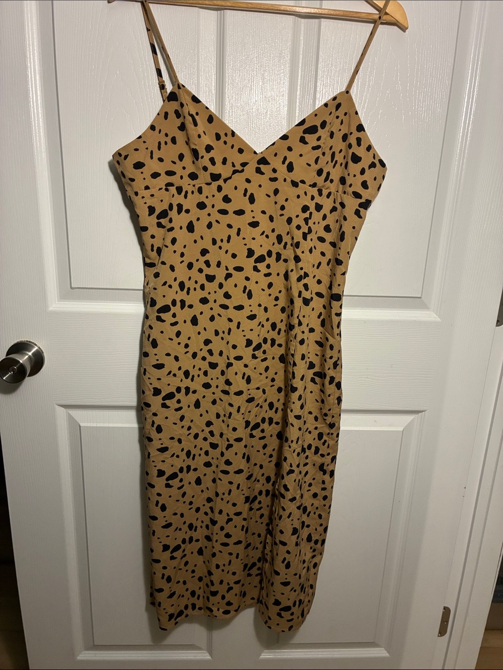 Spot-Print Camel Midi Slip Dress with Spaghetti Straps